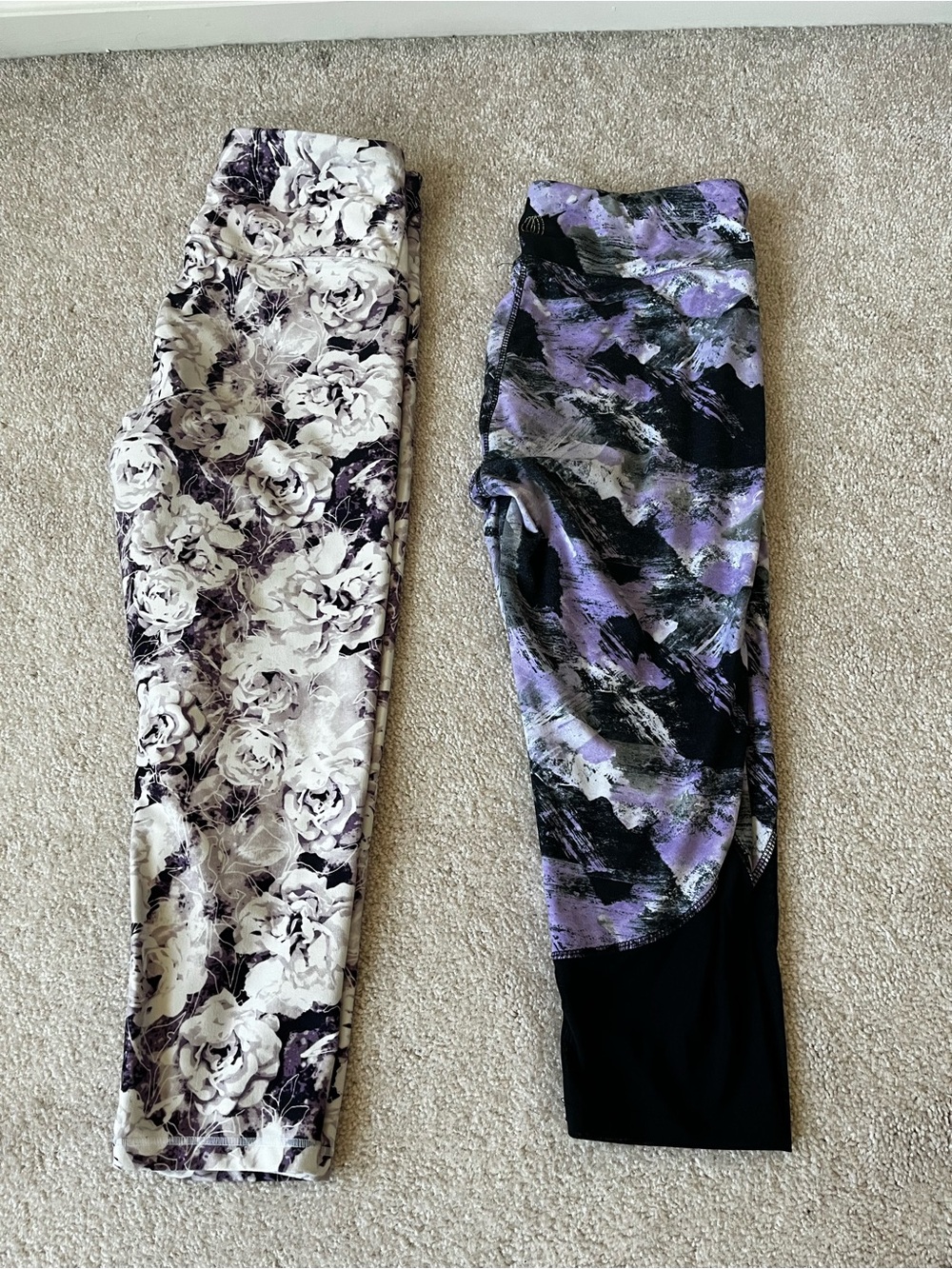 Two Printed Active Leggings - Floral & Purple Abstract